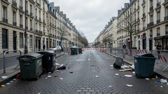 Imagem gerada por IA: Rua francesa com barreiras policiais e destroços após protestos.