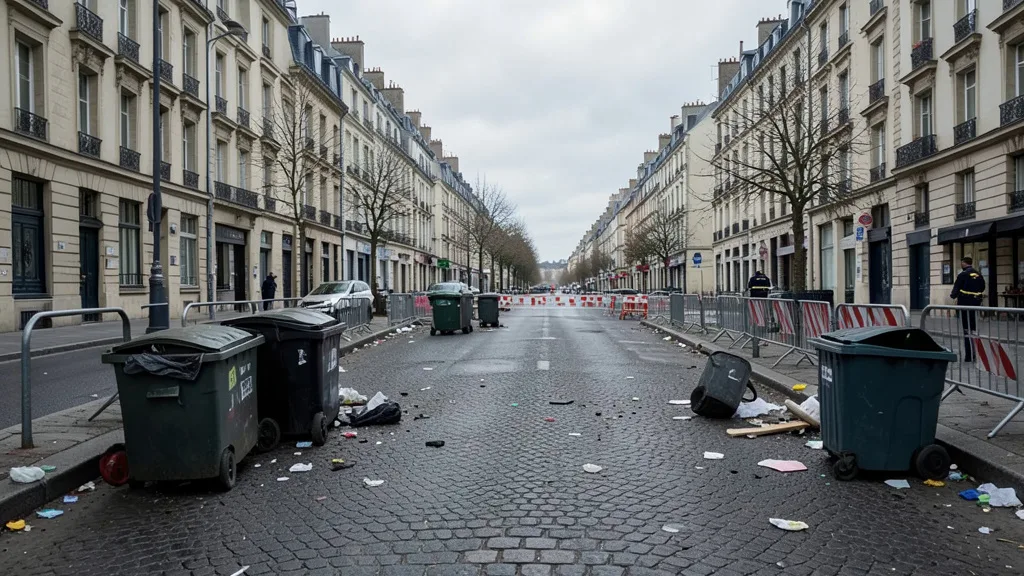 Imagem gerada por IA: Rua francesa com barreiras policiais e destroços após protestos.