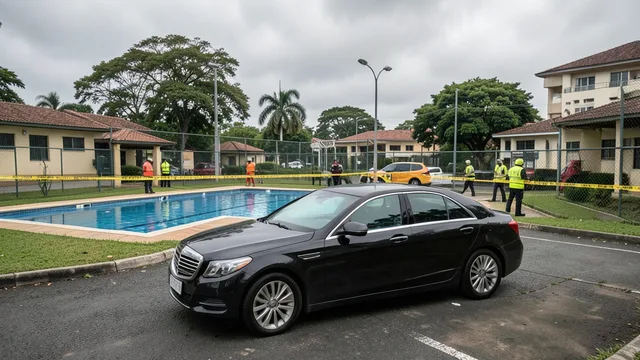 Imagem gerada por IA: BMW em área de clube perto de uma piscina, com isolamento policial após atropelamento fatal.