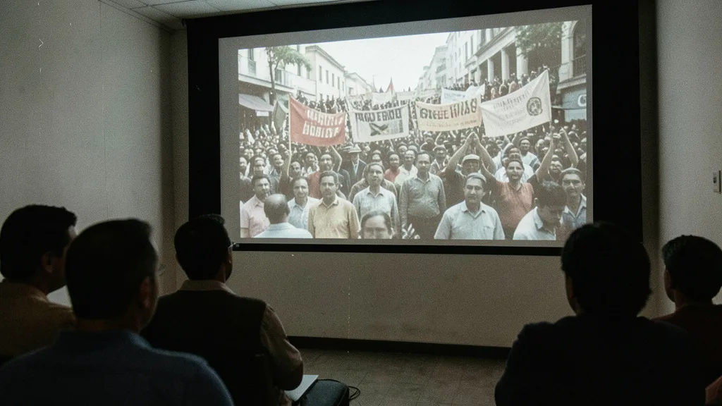 Imagem gerada por IA: Público assiste a imagens de uma manifestação brasileira dos anos 1960 em uma sala de cinema.