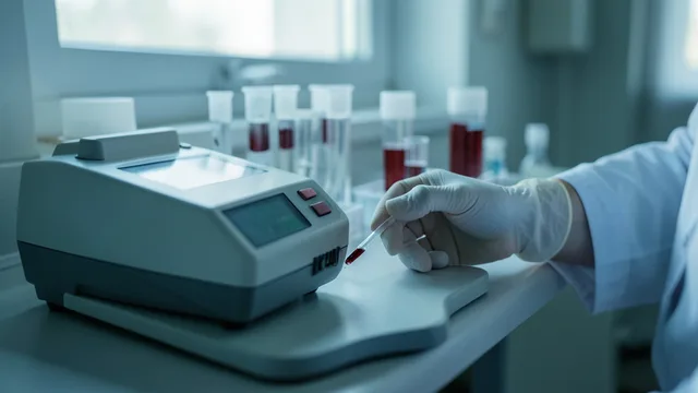 Imagem gerada por IA: Equipamento de laboratório e tubos de amostra em uma bancada de exames de sangue.