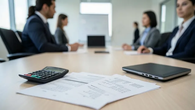 Imagem gerada por IA: Documentos financeiros sobre uma mesa em uma sala de reuniões corporativa.