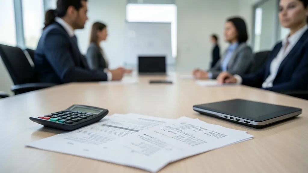 Imagem gerada por IA: Documentos financeiros sobre uma mesa em uma sala de reuniões corporativa.