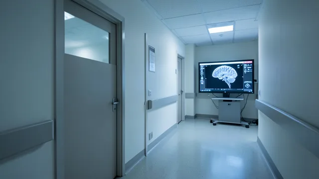 Corredor hospitalar com monitor exibindo uma imagem cerebral, em referência à doença neurológica.