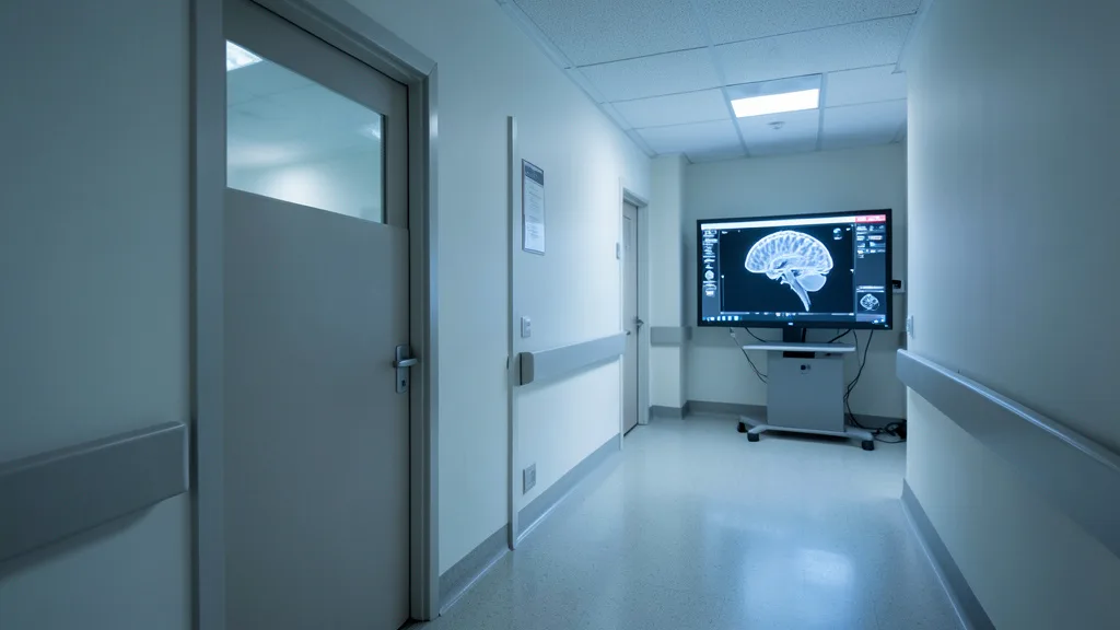 Corredor hospitalar com monitor exibindo uma imagem cerebral, em referência à doença neurológica.