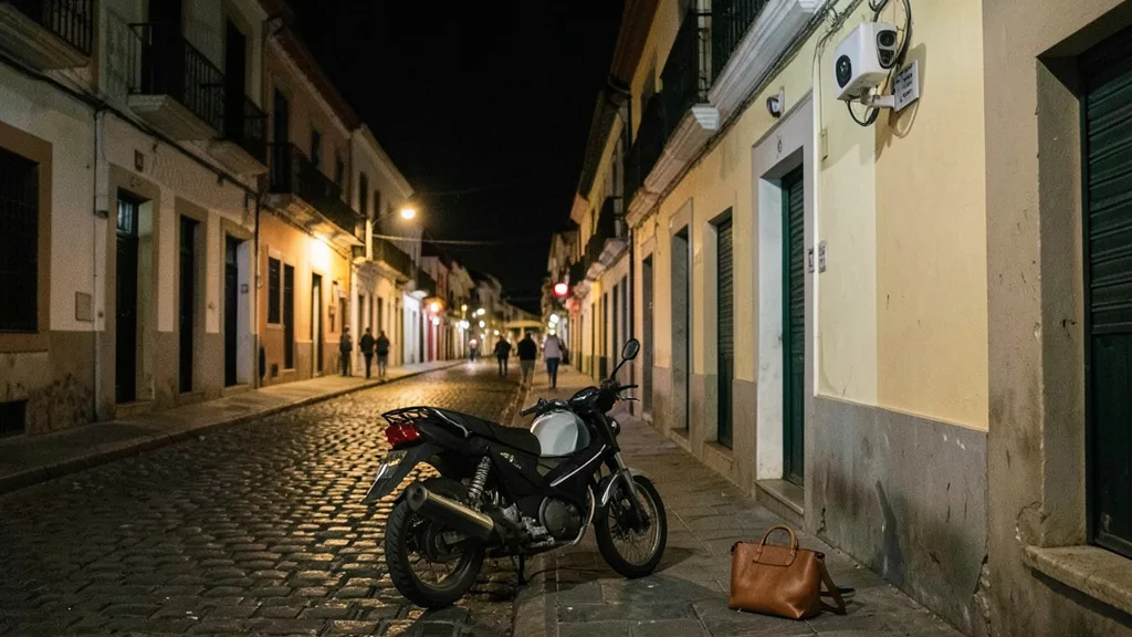 Imagem gerada por IA: Bolsa e motocicleta em uma rua noturna da Cidade Baixa, em Porto Alegre.