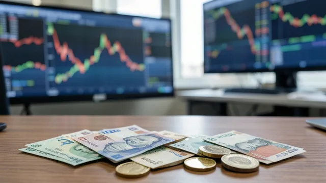 Imagem gerada por IA: Notas e moedas brasileiras sobre uma mesa diante de um ambiente de negociação financeira desfocado.