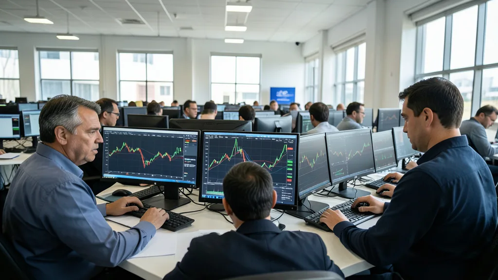 Imagem gerada por IA: Operadores acompanham o mercado financeiro em um pregão movimentado.