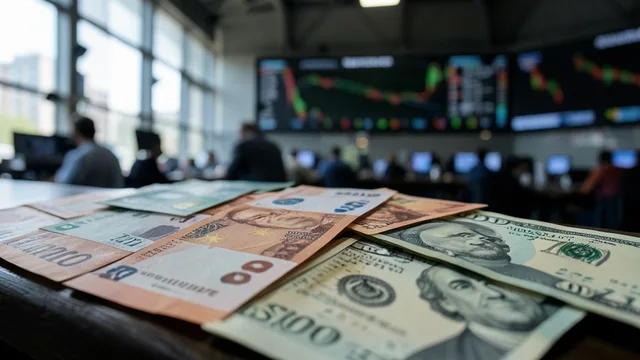Imagem gerada por IA: Notas de reais e dólares em primeiro plano, com um pregão financeiro desfocado ao fundo.