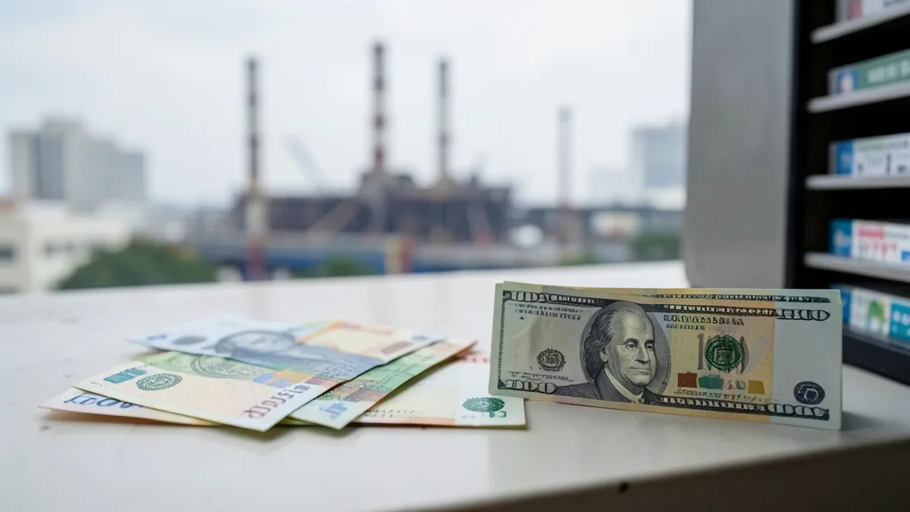 Notas de real e dólar em primeiro plano, com uma refinaria desfocada ao fundo.
