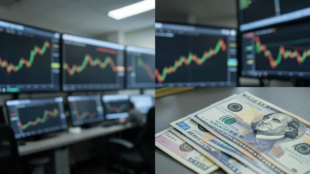Imagem gerada por IA: Notas de reais e dólares diante de telas desfocadas em um ambiente financeiro.
