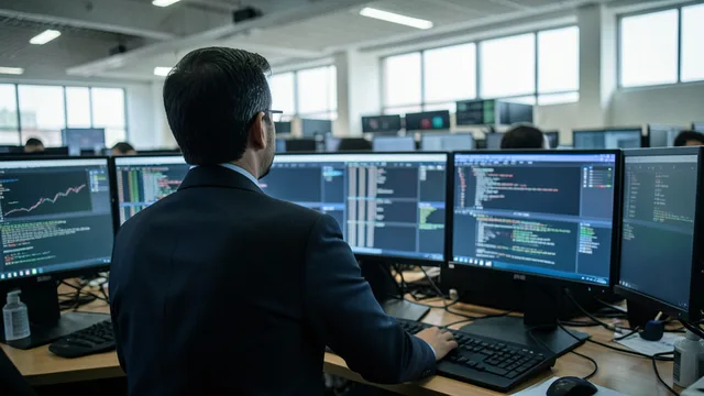 Imagem gerada por IA: Operador acompanha as movimentações do mercado financeiro em telas de câmbio.