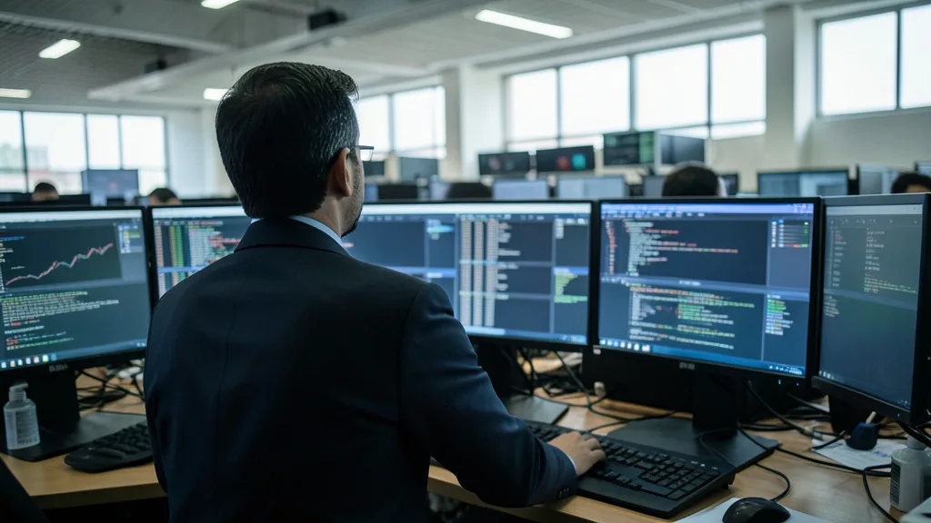 Imagem gerada por IA: Operador acompanha as movimentações do mercado financeiro em telas de câmbio.