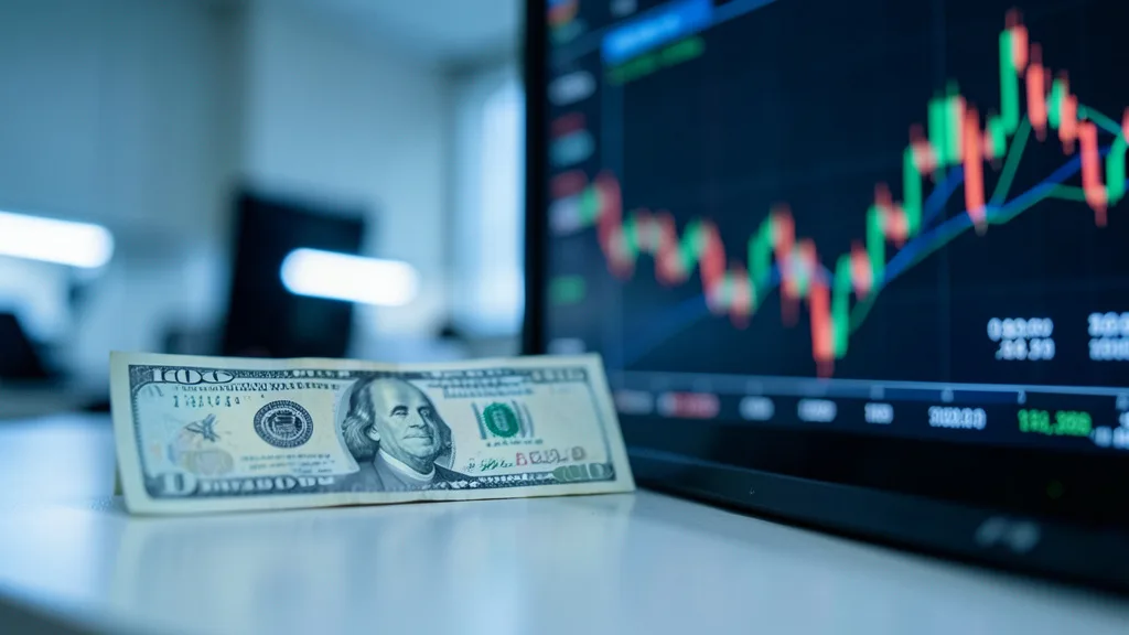Imagem gerada por IA: Nota de dólar diante de uma tela desfocada de mercado financeiro.