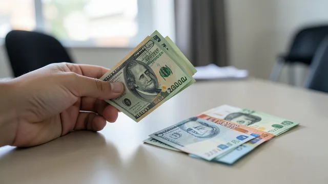 Imagem gerada por IA: Mão segurando cédulas de dólar e de real sobre uma mesa.