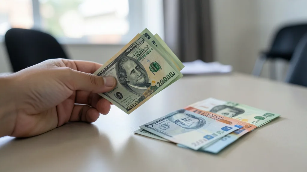 Imagem gerada por IA: Mão segurando cédulas de dólar e de real sobre uma mesa.
