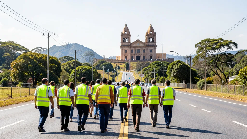 Imagem gerada por IA: Peregrinos caminham em direção ao Santuário Nacional de Aparecida usando coletes refletivos.