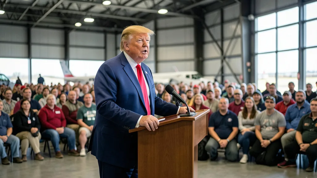 Imagem gerada por IA: Donald Trump discursa para apoiadores em um comício em um hangar na Carolina do Norte.