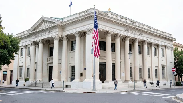 Imagem gerada por IA: Fachada da embaixada dos Estados Unidos em Atenas, com a bandeira americana hasteada.