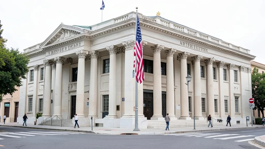 Imagem gerada por IA: Fachada da embaixada dos Estados Unidos em Atenas, com a bandeira americana hasteada.