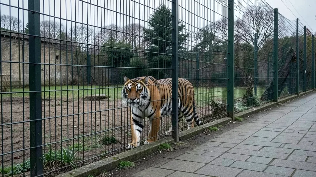 Imagem gerada por IA: Tigre dentro de recinto protegido por cercas em um zoológico.