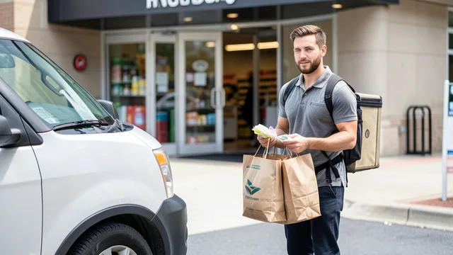 Imagem gerada por IA: Entregador com sacolas de supermercado diante de uma loja.