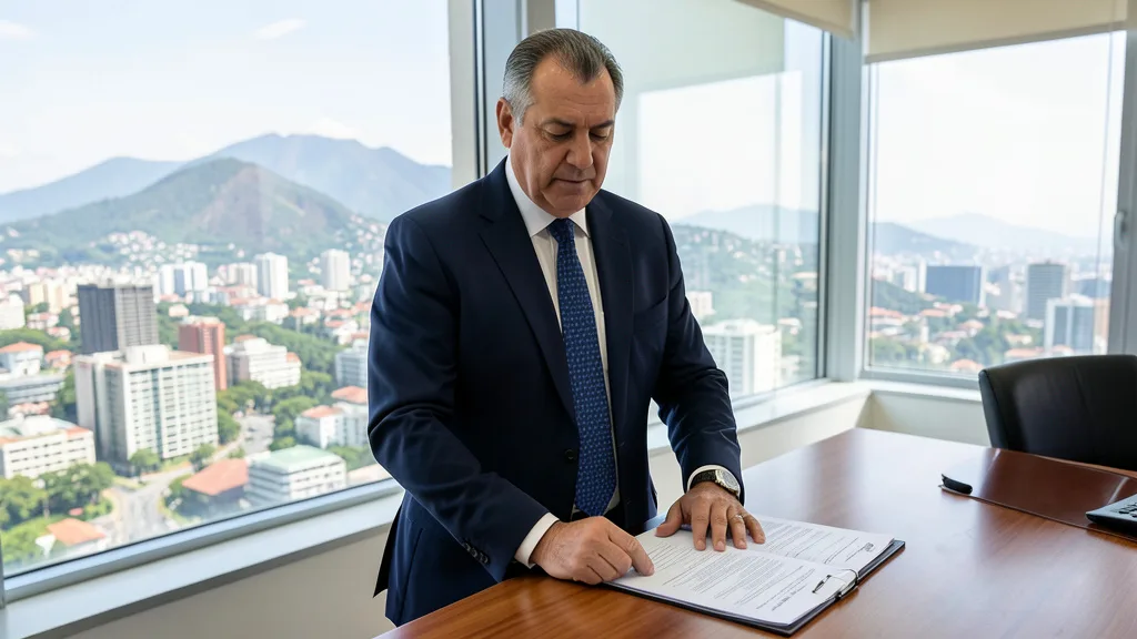 Imagem gerada por IA: Douglas Ruas em um escritório com vista para a cidade do Rio de Janeiro.