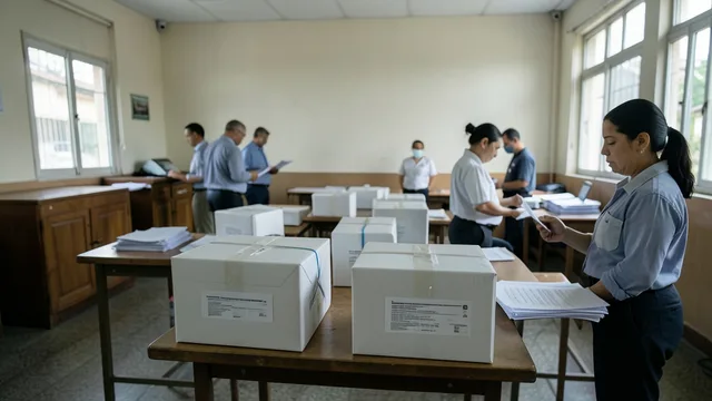 Imagem gerada por IA: Urnas lacradas e mesas de apuração em uma sala eleitoral no Rio de Janeiro.