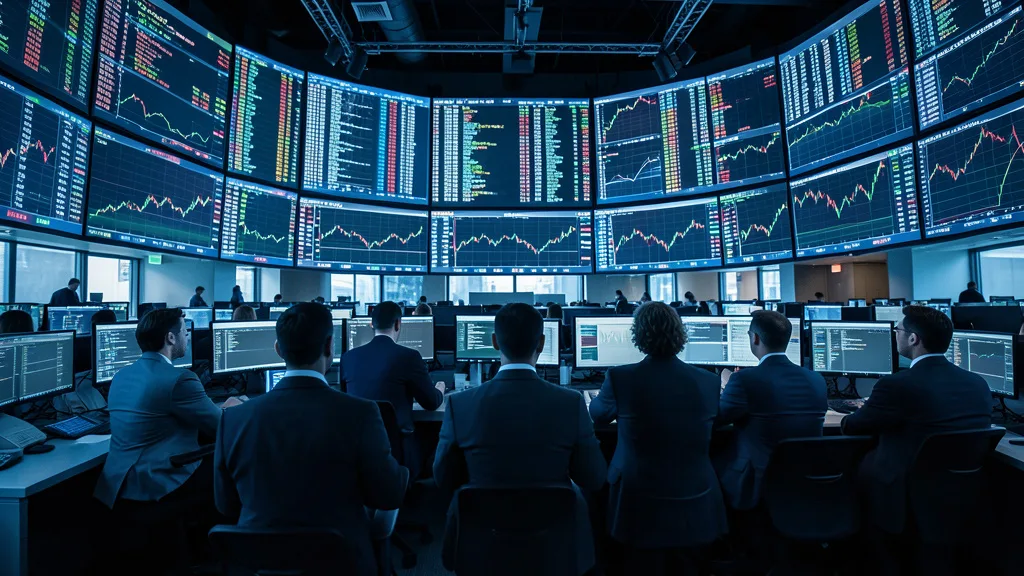 Imagem gerada por IA: Operadores acompanham os mercados em uma bolsa de valores.