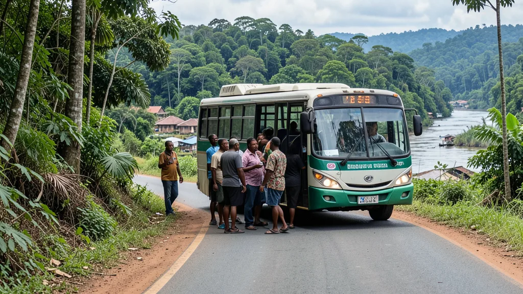 Imagem gerada por IA: Ônibus transporta eleitores por uma estrada rural em meio à floresta amazônica.
