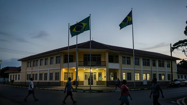 Imagem gerada por IA: Palácio do governo do Amapá em Macapá, com bandeiras hasteadas ao entardecer.