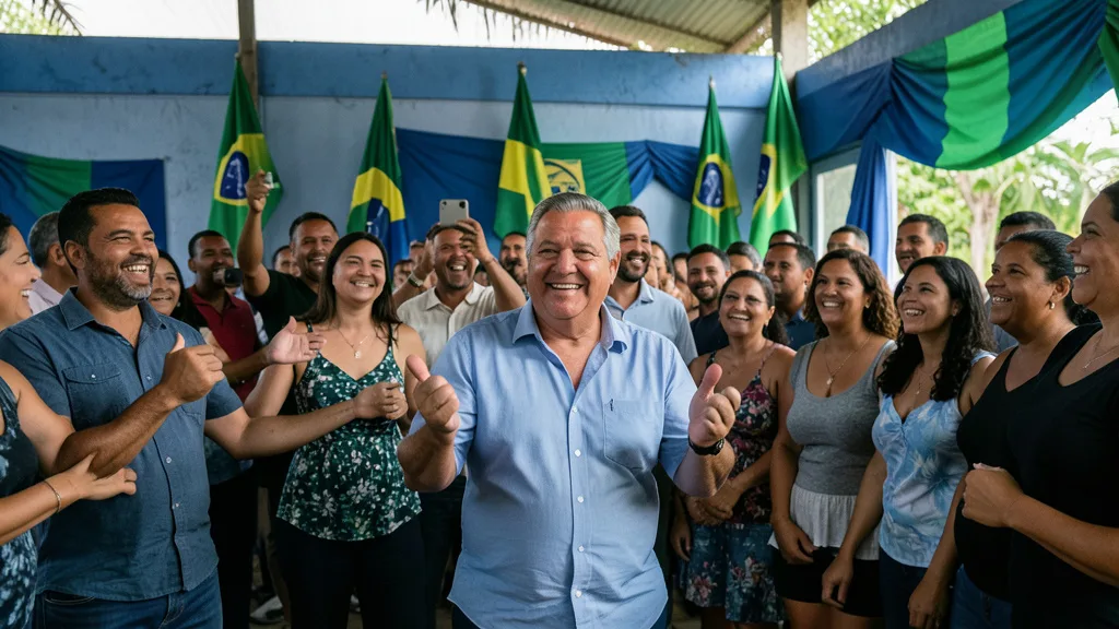 Imagem gerada por IA: Candidato eleito e apoiadores comemoram o resultado da eleição no Amapá.