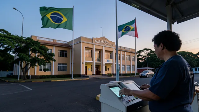 Imagem gerada por IA: Eleitor vota em uma urna eletrônica, com a sede do governo do Amapá ao fundo.