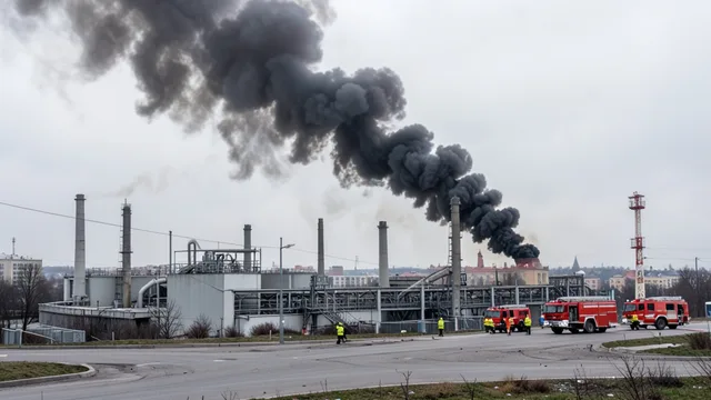Imagem gerada por IA: Fumaça escura sobe de uma instalação industrial nos arredores de São Petersburgo.