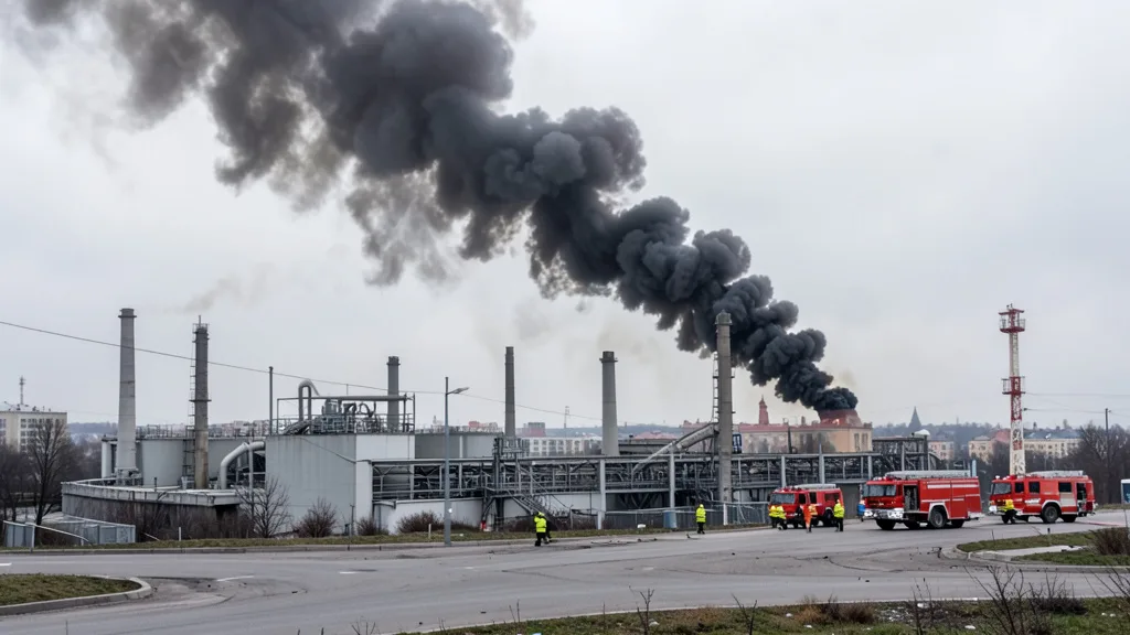 Imagem gerada por IA: Fumaça escura sobe de uma instalação industrial nos arredores de São Petersburgo.