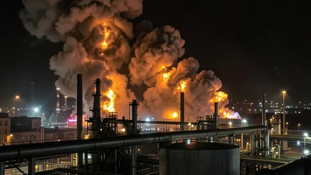Imagem gerada por IA: Incêndio em uma refinaria de petróleo durante a noite, com fumaça sobre as instalações industriais.