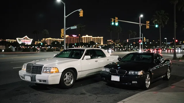 Imagem gerada por IA: Cadillac branco ao lado de um BMW em um cruzamento noturno de Las Vegas.
