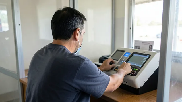 Eleitor usa uma urna eletrônica em uma cabine de votação.