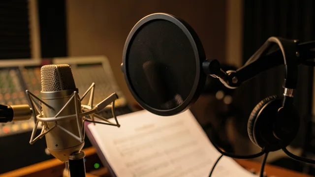 Imagem gerada por IA: Microfone e fones de ouvido em um estúdio de gravação de voz.