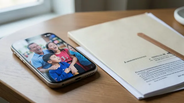 Imagem gerada por IA: Celular com vídeo político desfocado ao lado de documentos em uma mesa.