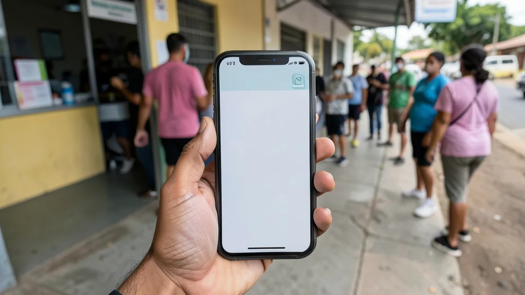 Imagem gerada por IA: Pessoa segura um celular com uma tela genérica de identificação digital diante de um local de votação.