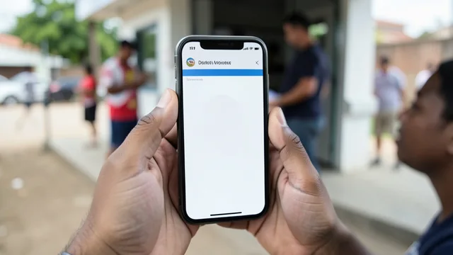 Eleitor segura celular com um aplicativo de título digital e espaço de foto sem imagem.