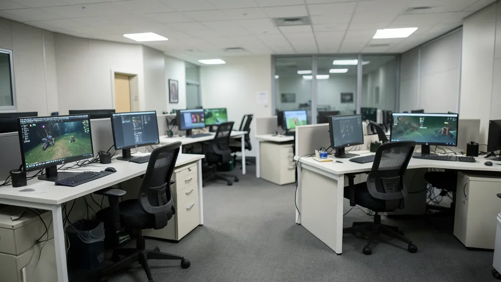 Imagem gerada por IA: Estações de trabalho vazias em um estúdio de desenvolvimento de jogos.