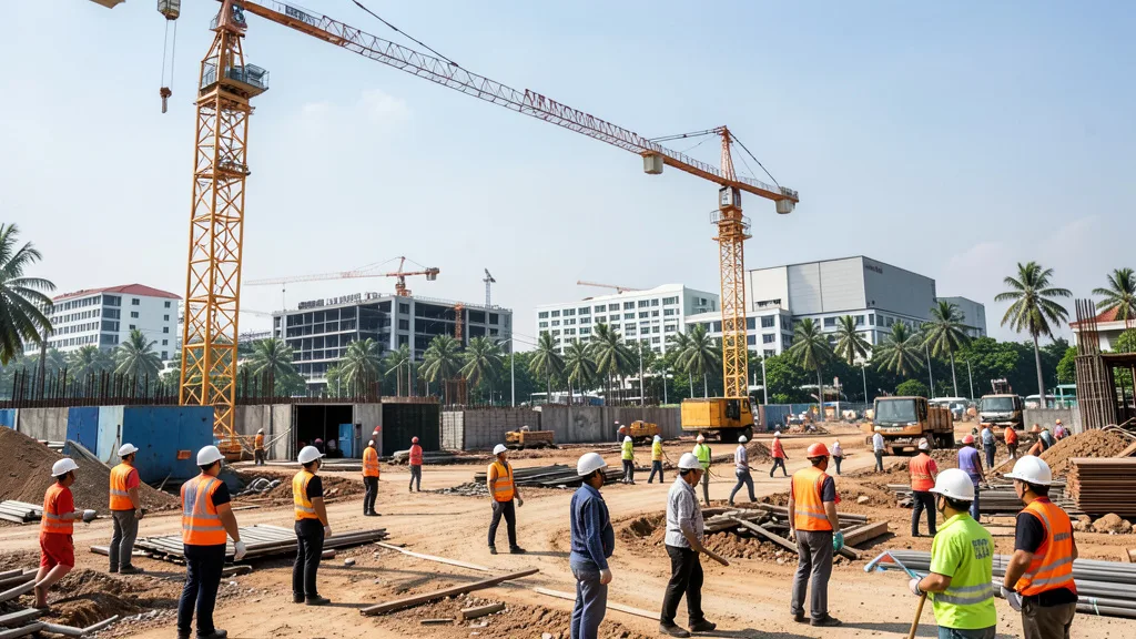 Canteiro de obras no Vietnã, com guindastes e trabalhadores em meio a estruturas industriais.