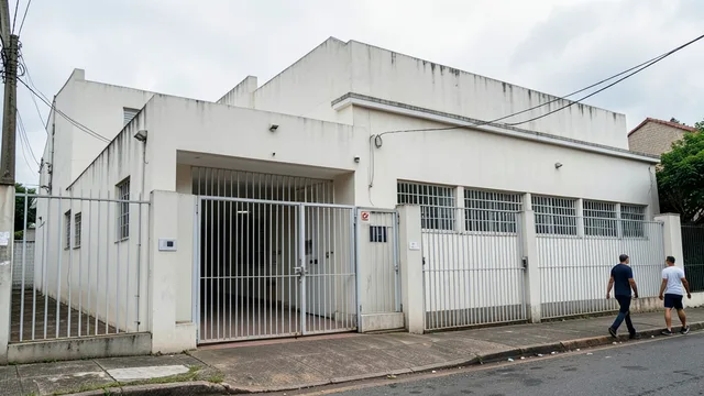 Entrada fechada de um prédio consular, com barreira de segurança e pedestres ao redor.