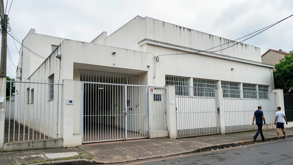 Entrada fechada de um prédio consular, com barreira de segurança e pedestres ao redor.