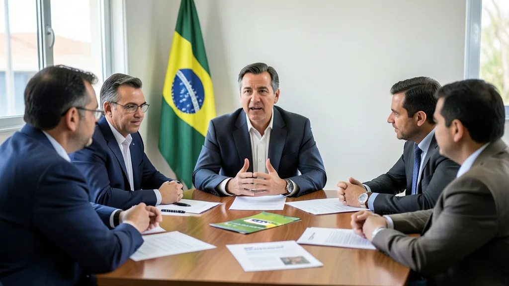 Imagem gerada por IA: Reunião de estratégia de campanha com um dirigente e assessores ao redor de uma mesa.