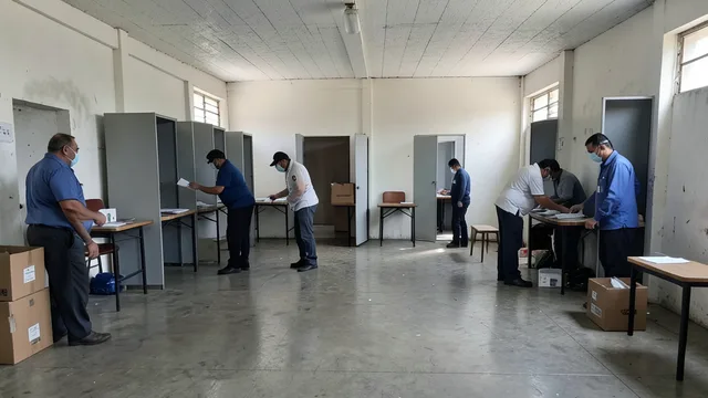 Cabines e urnas em uma seção eleitoral preparada para a votação.