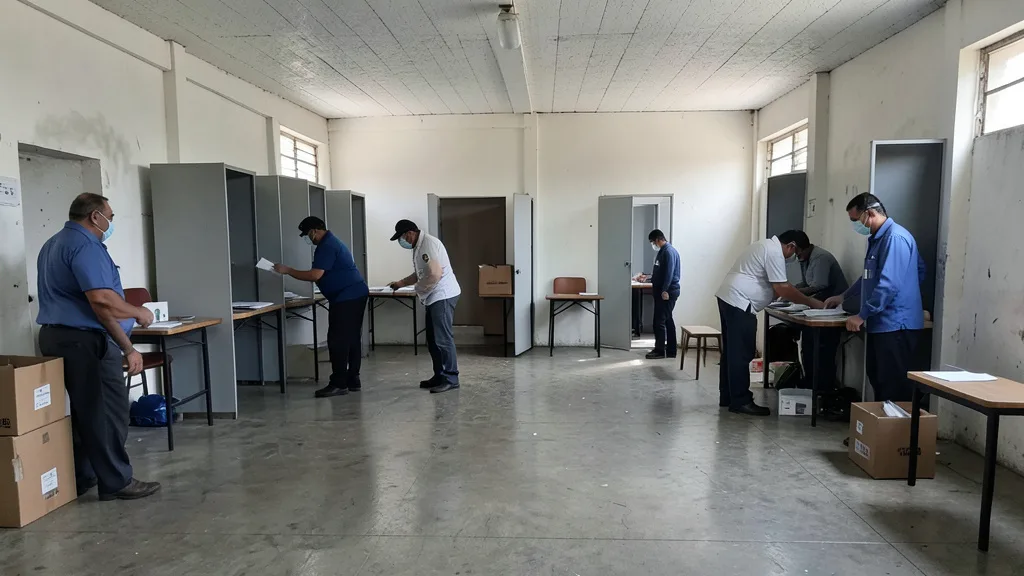 Cabines e urnas em uma seção eleitoral preparada para a votação.