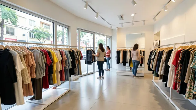 Imagem gerada por IA: Interior de uma loja de roupas com araras organizadas e uma cliente olhando peças.